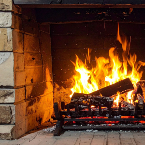 Foc cremant en una xemeneia acollidora dins d'una casa, simbolitzant el 'foc interior' de l'autoexigència sota control i calma. Psicologia.